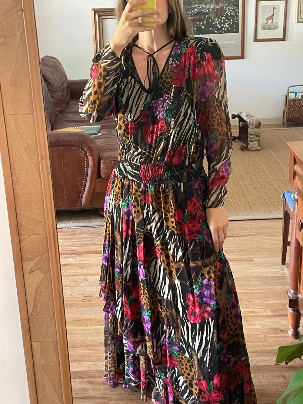 Vintage Silk Mixed Print 80s Maximalist Dress